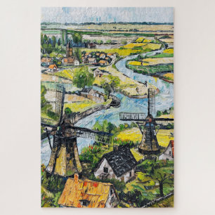 Molen en kerk bij rivier fantasie schilderij legpuzzel