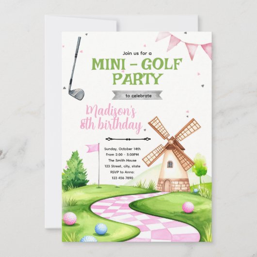 Molen mini golf verjaardagsfeest uitnodiging (Voorkant)