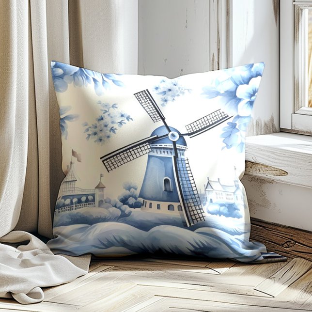 Molen Nederlands Delfts Blauw Vintage Kussen (Vintage blue windmill decorator pillow)