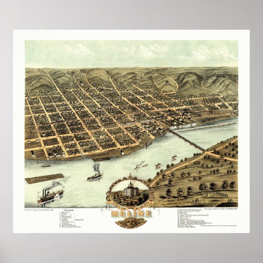 Moline, IL - Panoramische Kaart - 1869 Poster (Voorkant)