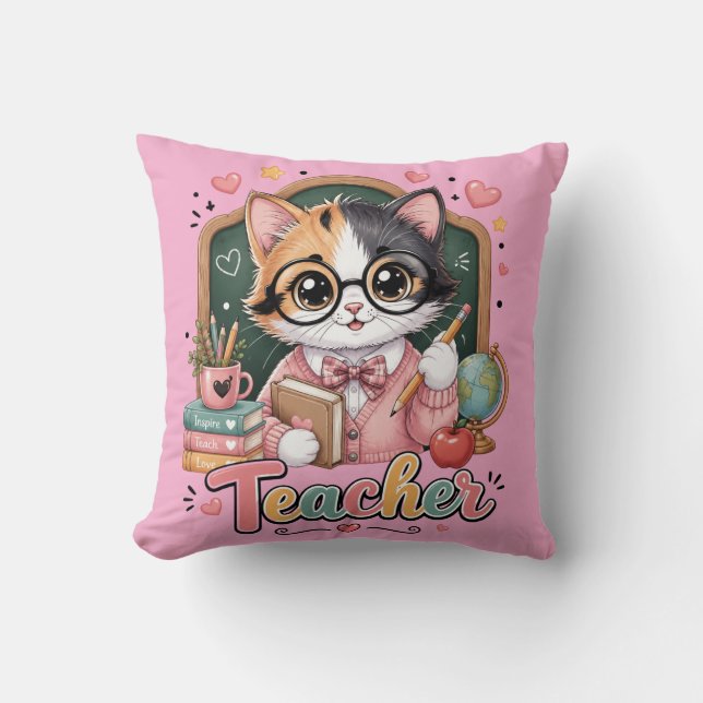 Molle Kus Kus Kussen met Cute Cat Teacher  roze (Voorkant)
