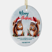 mollige eekhoorn kerstmuts vrolijke kerstsneeuw keramisch ornament (Rechts)