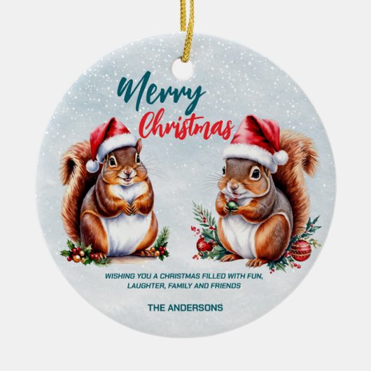 mollige eekhoorn kerstmuts vrolijke kerstsneeuw keramisch ornament (Voorkant)