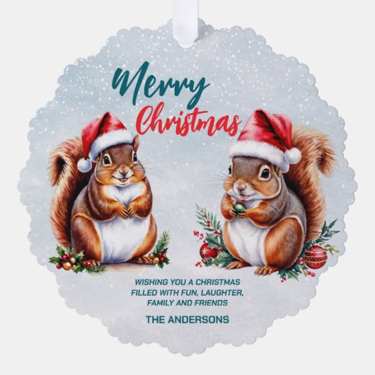 mollige eekhoorn kerstmuts vrolijke kerstsneeuw ornament kaart (Voorkant)