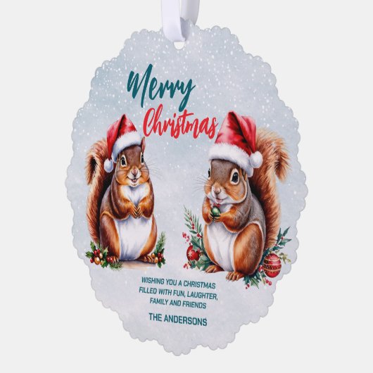 mollige eekhoorn kerstmuts vrolijke kerstsneeuw ornament kaart (Links)