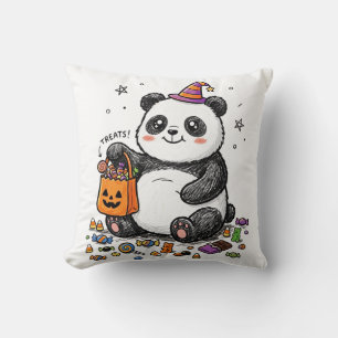Mollige Halloweenpanda met snoepbuik en heksenkop Kussen