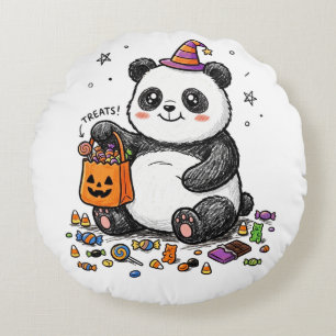 Mollige Halloweenpanda met snoepbuik en heksenkop Rond Kussen