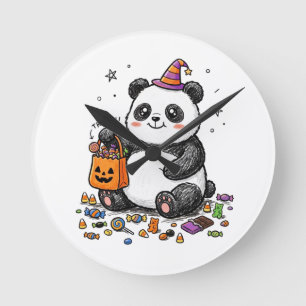 Mollige Halloweenpanda met snoepbuik en heksenkop Ronde Klok