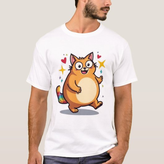 Mollige Kawaii Oranje Kat Regenboog Staart Glans T-shirt (Voorkant)
