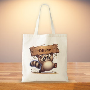 Mollige wasbeer met op maat gemaakte naam bord tote bag