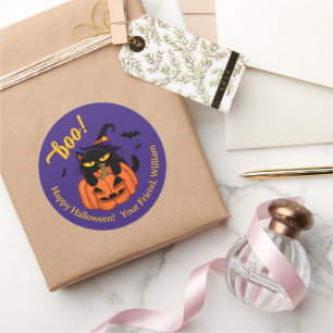 Mollige zwarte kat in heksenhoed Halloween boe Ronde Sticker
