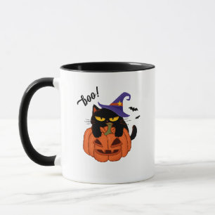 Mollige zwarte kat in heksenhoed Halloween Mok