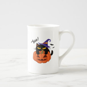 Mollige zwarte kat in heksenhoed Halloween Porselein Kop