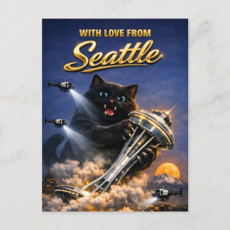 Mollige Zwarte Kat Liefde Van Seattle Space Needle Briefkaart