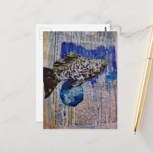 Molly Fish mixed media collage briefkaart (Voorkant / Achterkant in situ)