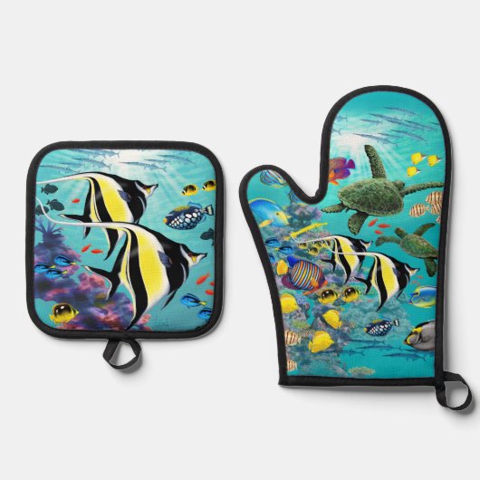 Molokini Cove Hawaiian Tropical Fish Illustration Ovenwant & Pannenlap Set (Voorkant)
