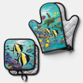 Molokini Cove Hawaiian Tropical Fish Illustration Ovenwant & Pannenlap Set (Voorkant / Achterkant)