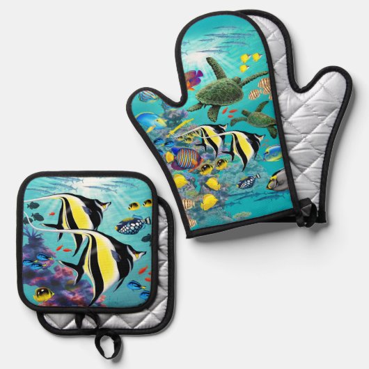 Molokini Cove Hawaiian Tropical Fish Illustration Ovenwant & Pannenlap Set (Voorkant / Achterkant)