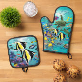 Molokini Cove Hawaiian Tropical Fish Illustration Ovenwant & Pannenlap Set (Top down)