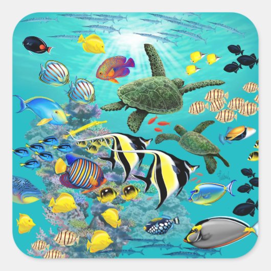 Molokini Cove Hawaiian Tropical Fish Zee Turtle Vierkante Sticker (Voorkant)
