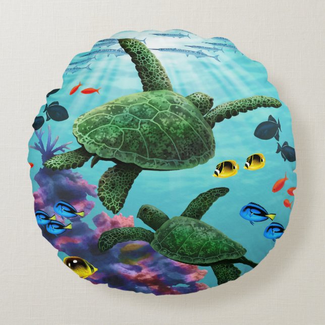 Molokini Cove Hawaiian Zee Turtles Reversible Rond Kussen (Voorkant)