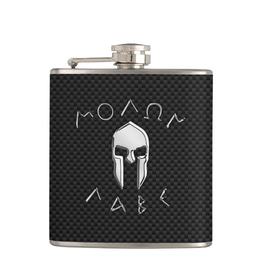 Molon Labe Chrome Spartan Helmet over koolstofveze Heupfles (Voorkant)