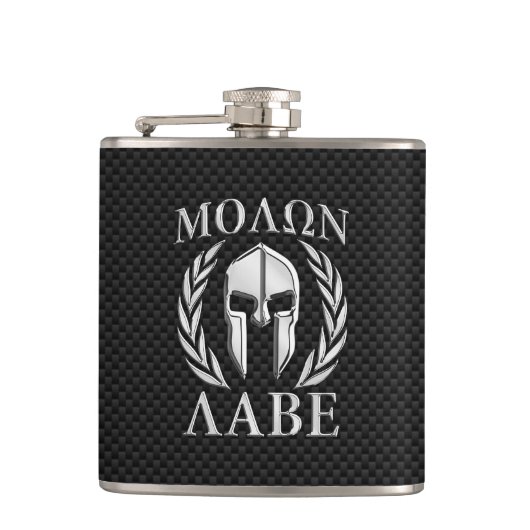 Molon Labe Chrome Spartan Helmet over koolstofveze Heupfles (Voorkant)