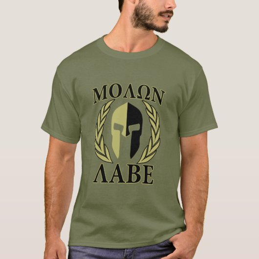 Molon Labe Spartan Mask Laurels Olive Green T-shirt (Voorkant)