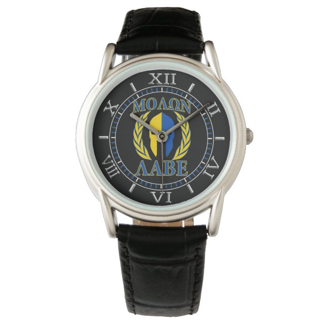Molon Labe Spartan Mask Laurels Yellow Blue Dial Horloge (Voorkant)