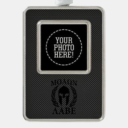 Molon Labe Warrior Mask Laurels Carbon Fiber like Verzilverd Omlijst Ornament (Voorkant)