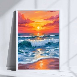 Molten Horizon | Ocean Waves Sunset Watercolor Poster