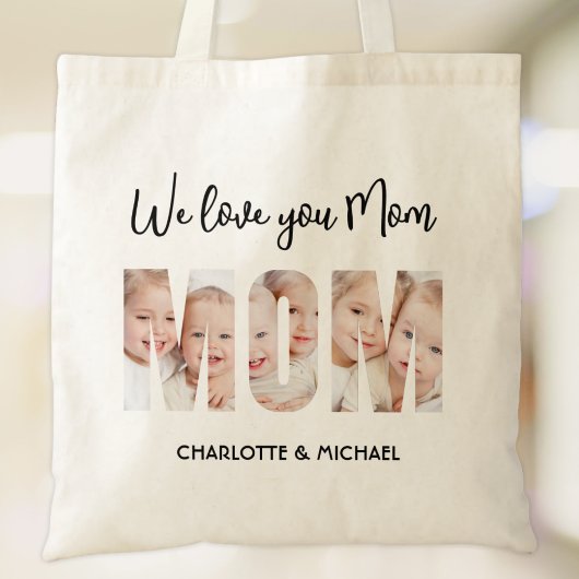 Mom 3 Photos Cutout Letters Tote Bag