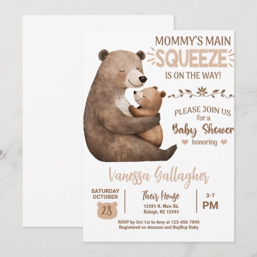 Mom and baby bear baby shower invitation. kaart (Voorkant / Achterkant)