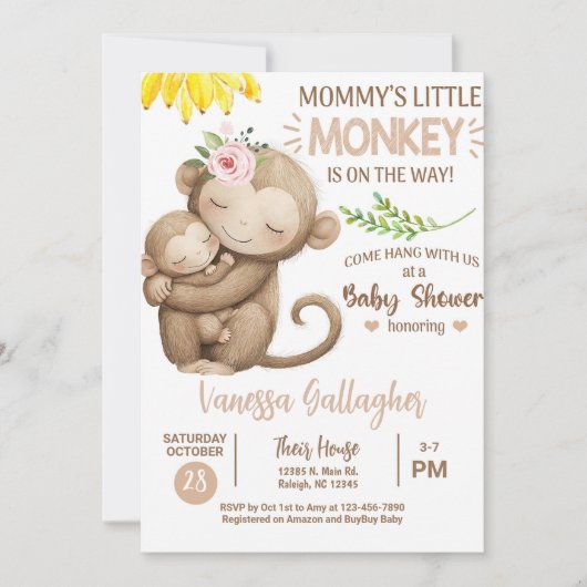 Mom and baby monkey baby shower invitation. kaart (Voorkant)