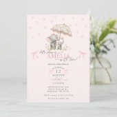 Mom & Baby Elephant with Umbrella Baby Girl Shower Kaart (Staand voorkant)