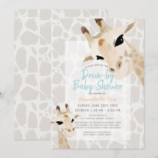 Mom & Baby Giraffe Greige Drive-by Baby shower Kaart (Voorkant / Achterkant)