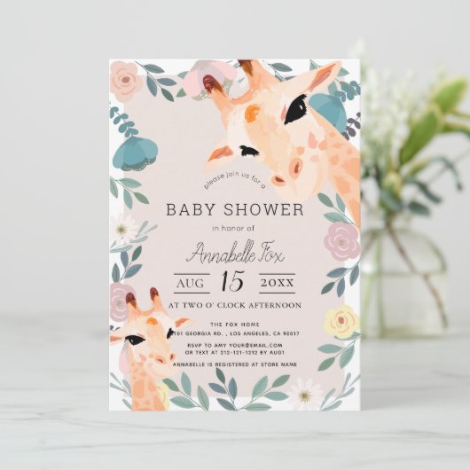 Mom & Baby Giraffe Roze Bloemen Baby shower Kaart (Staand voorkant)
