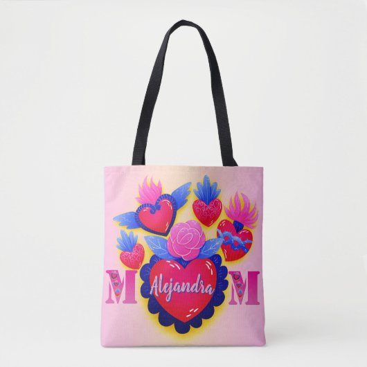 Mom corazones mexicanos Nombre editable Tote Bag (Voorkant)