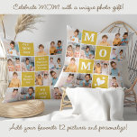 MOM Custom 12 Photo Collage Modern Marigold Geel Kussen<br><div class="desc">Vier de opmerkelijke reis van het moederschap met ons moderne MOM Photo Collage-kussen - een heerlijke mix van stijl, sentiment en personalisatie. Dit charmante kussen is het perfecte geschenk voor Moederdag, waarbij kostbare herinneringen worden vastgelegd in een gedurfd en modern ontwerp dat moeders zullen aanbidden. Productkenmerken: Bold Color Block Design:...</div>