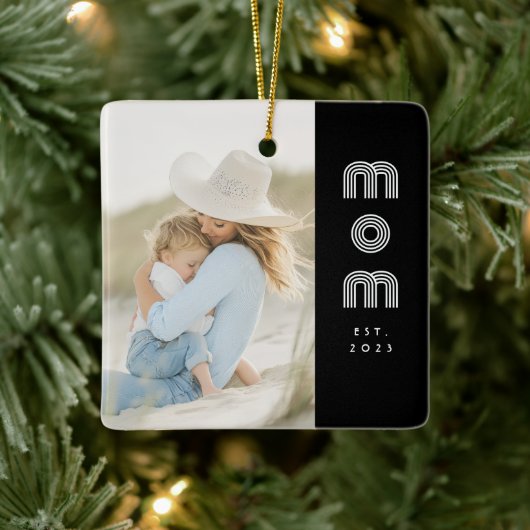 Mom Established Black White Retro Script Photo  Keramisch Ornament (Boom)