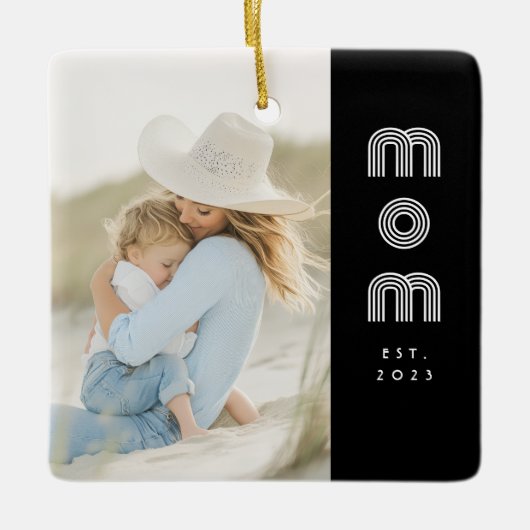 Mom Established Black White Retro Script Photo  Keramisch Ornament (Voorkant)