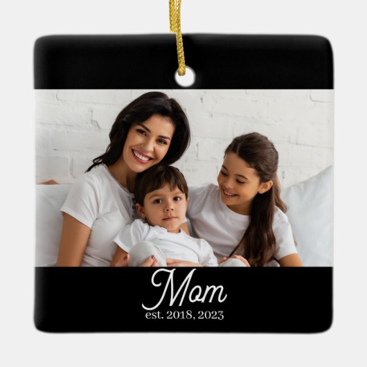 Mom Established Black White Script Photo Ceramic O Keramisch Ornament (Voorkant)