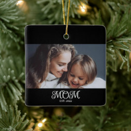 Mom Established Black White Script Photo Keramisch Ornament