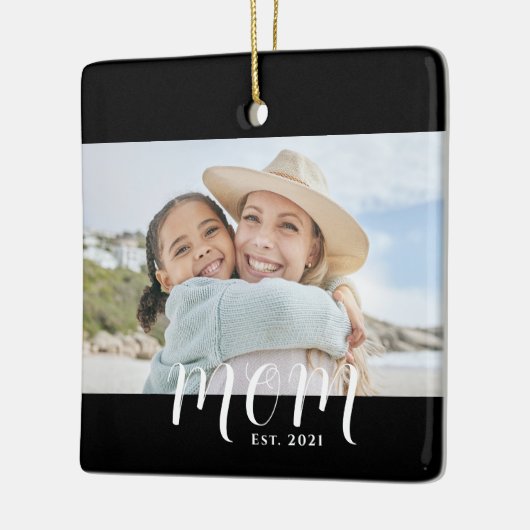Mom Established Black White Script Photo Keramisch Ornament (Links)