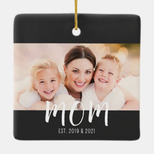 Mom Established Black White Script Photo Keramisch Ornament (Achterkant)