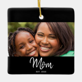 Mom Established Black White Script Photo Keramisch Ornament