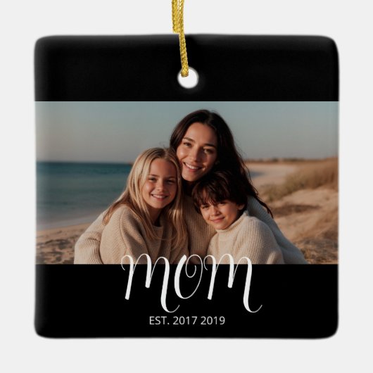 Mom Established Black White Script Photo Keramisch Ornament (Voorkant)