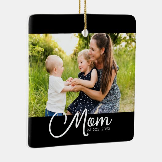 Mom Established Black White Script Photo  Keramisch Ornament (Rechts)