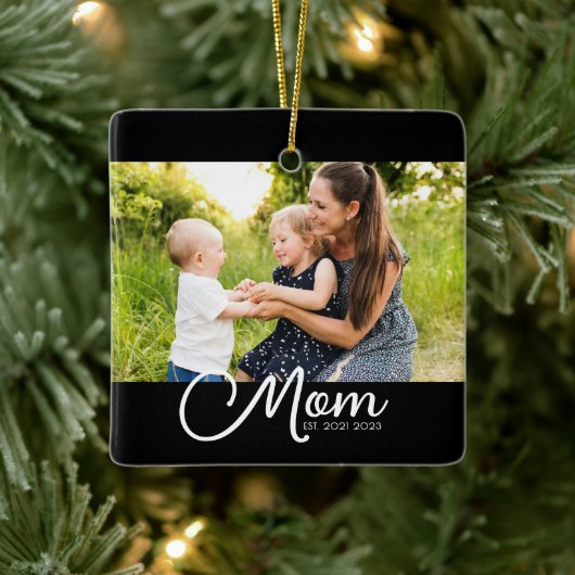 Mom Established Black White Script Photo Keramisch Ornament (Boom)