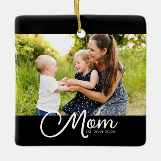 Mom Established Black White Script Photo Keramisch Ornament (Voorkant)